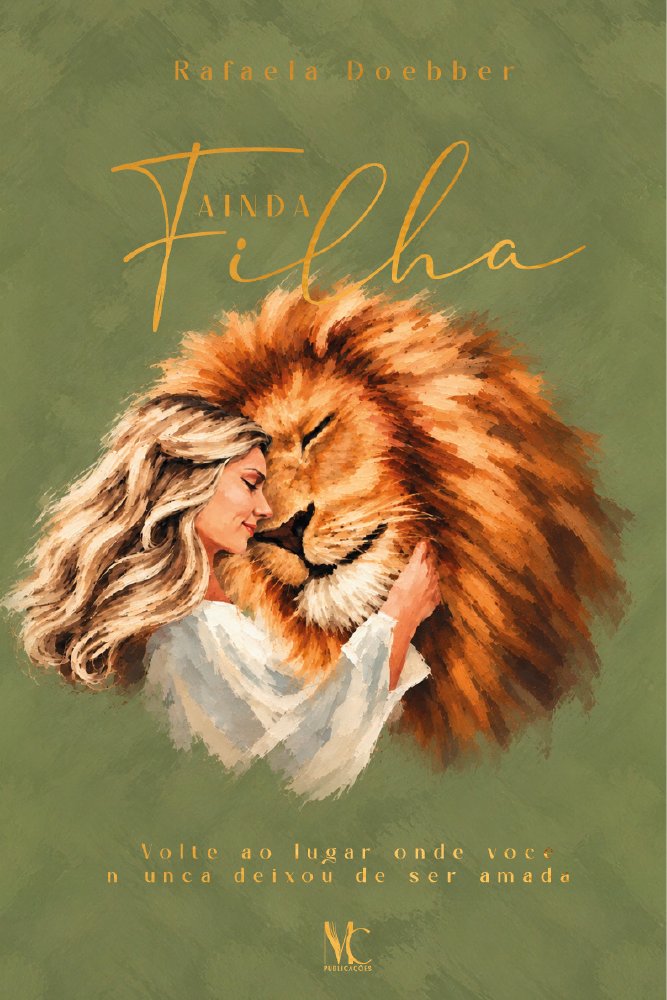 Capa de Ainda Filha, de Rafaela Doebber: uma mulher abraça um leão sobre fundo verde oliva, com letras douradas.